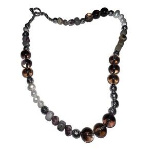 Vintage Necklace White Pearls, Smokey Round Glass, Square Stone & Metal Bead’s